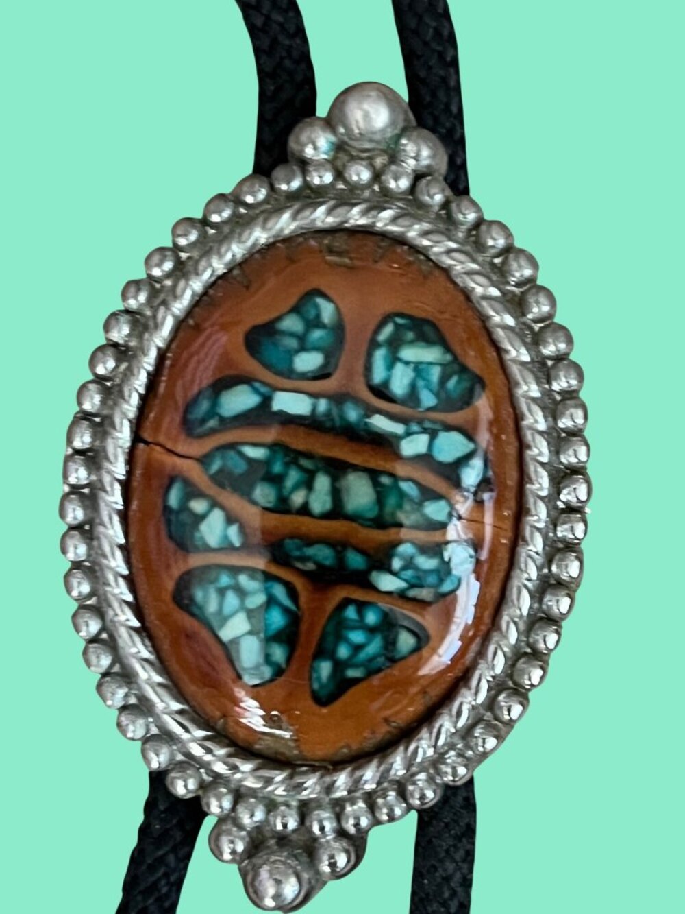 Vintage Navajo Walnut wood inlay Turquoise Bolo tie silver toned